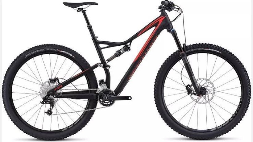 Used 2016 Specialized Stumpjumper FSR Comp 29 mountain bike, black and red
